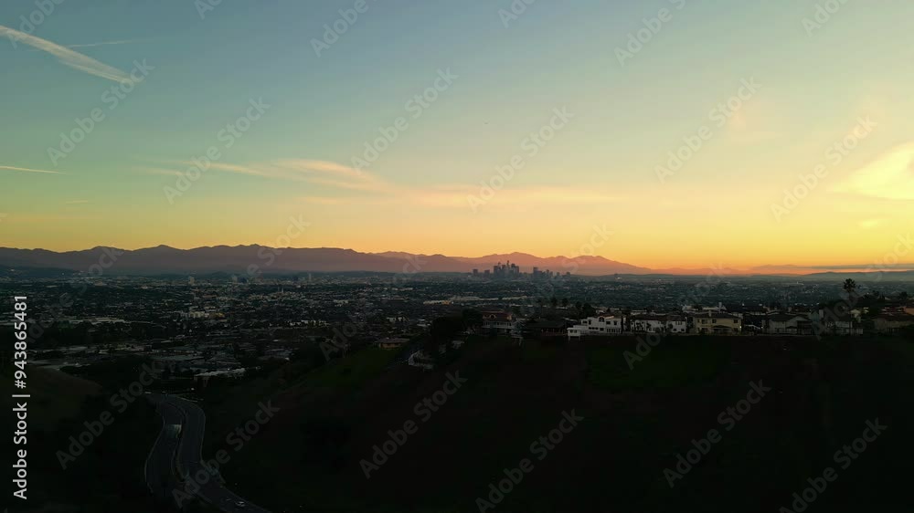 Sunset view of Los Angeles captured by a drone