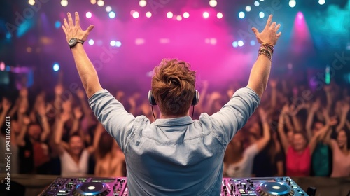 A lively DJ performs in front of an energetic crowd, creating an electrifying atmosphere at a vibrant music event. photo