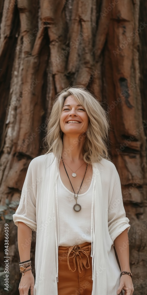 Fototapeta premium An elegant elderly woman with grey hair smiling joyfully outdoors against a natural backdrop.