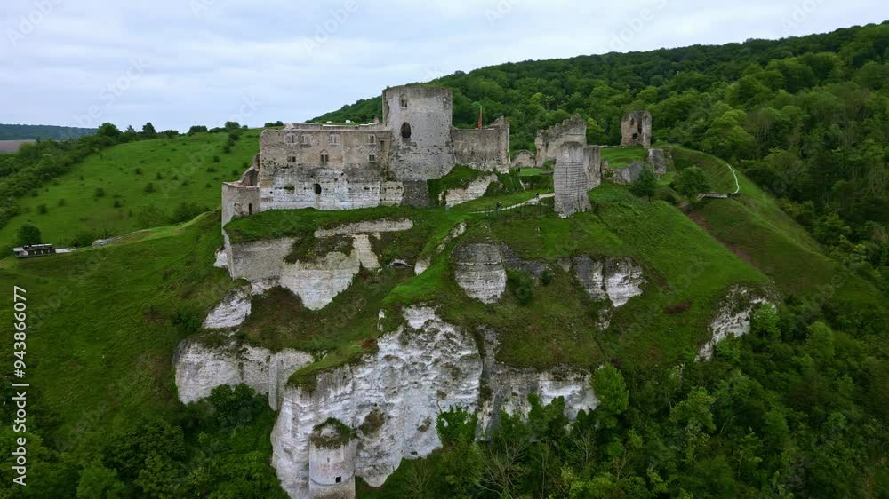 Chateau Gaillard medieval castle, Les Andelys, France. Aerial drone sideways Chateau Gaillard medieval castle, Les Andelys, France. Aerial drone sideways