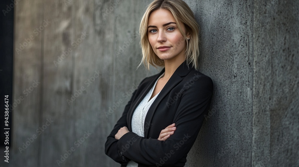 A confident woman in a modern suit poses against a sleek urban backdrop during golden hour exuding elegance and poise A confident woman in a modern suit poses against a sleek urban backdrop during golden hour exuding elegance and poise