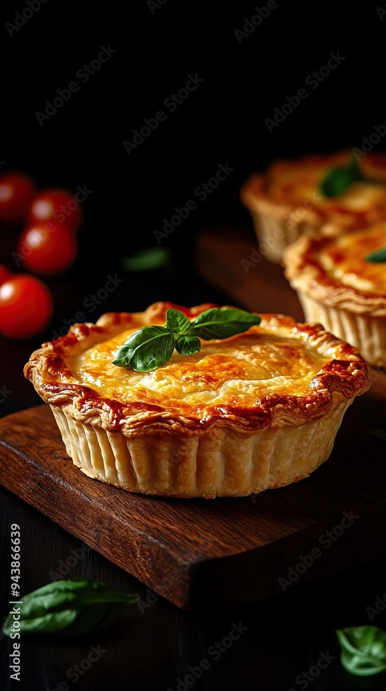 Delicious golden pie with a flaky crust, topped with fresh basil, perfect for savory dishes and culinary delights. Delicious golden pie with a flaky crust, topped with fresh basil, perfect for savory dishes and culinary delights.