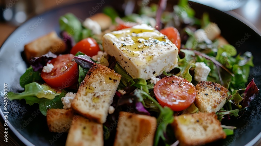 salad with mixed greens, tomato slices, croutons, and goat cheese covered in olive oil dressing, shot using a Canon EOS C300 Mark III camera salad with mixed greens, tomato slices, croutons, and goat cheese covered in olive oil dressing, shot using a Canon EOS C300 Mark III camera