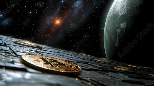 Bitcoin coins on a moon sur...