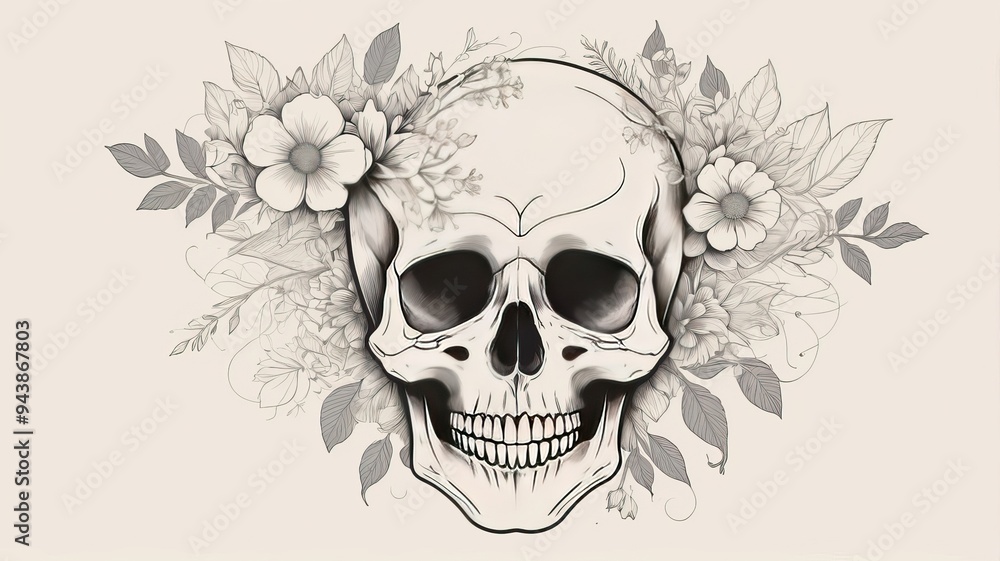 Totenkopfschädel Von Blumen Umgeben Totenkopfschädel Von Blumen Umgeben