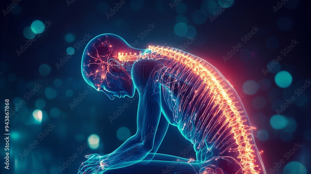 Fototapeta premium A digital illustration of a human figure showing the nervous system and spine, symbolizing health and anatomy.