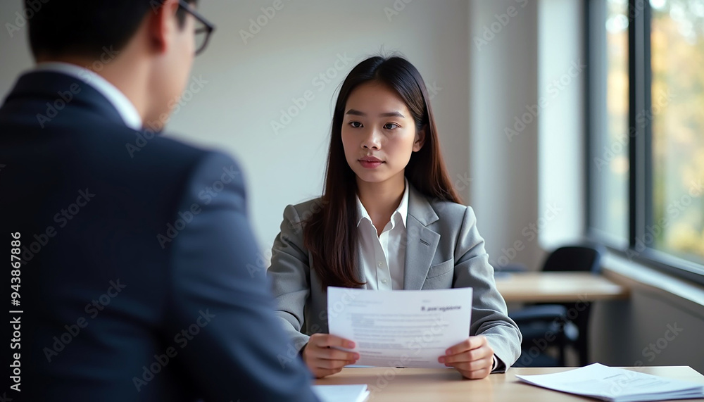Employer Reviewing Applicant's Resume during an Interview for a Job Opening, job interview, human resource employment and recruitment concept Employer Reviewing Applicant's Resume during an Interview for a Job Opening, job interview, human resource employment and recruitment concept