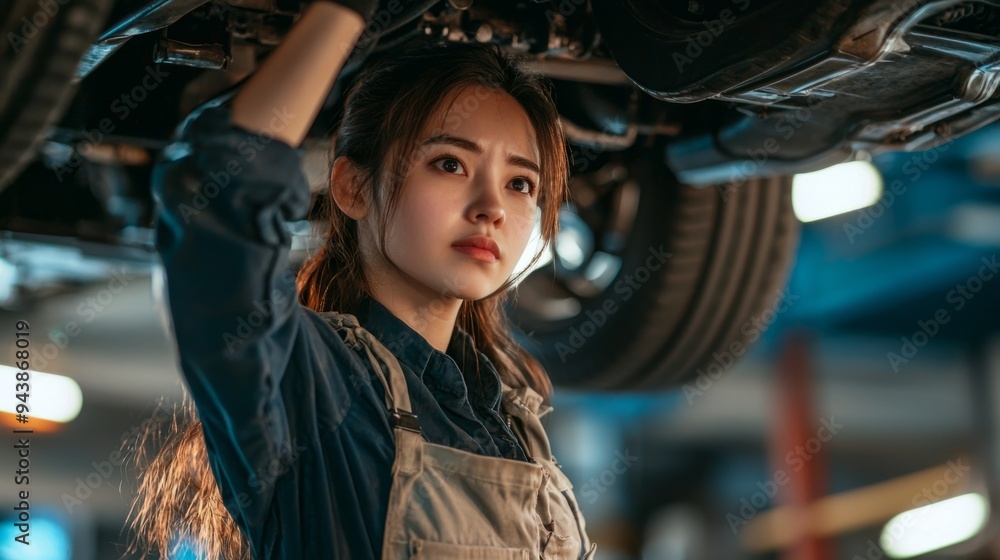 Female mechanic inspecting the underside of vehicle on hydraulic lift, determined expression on her face Female mechanic inspecting the underside of vehicle on hydraulic lift, determined expression on her face