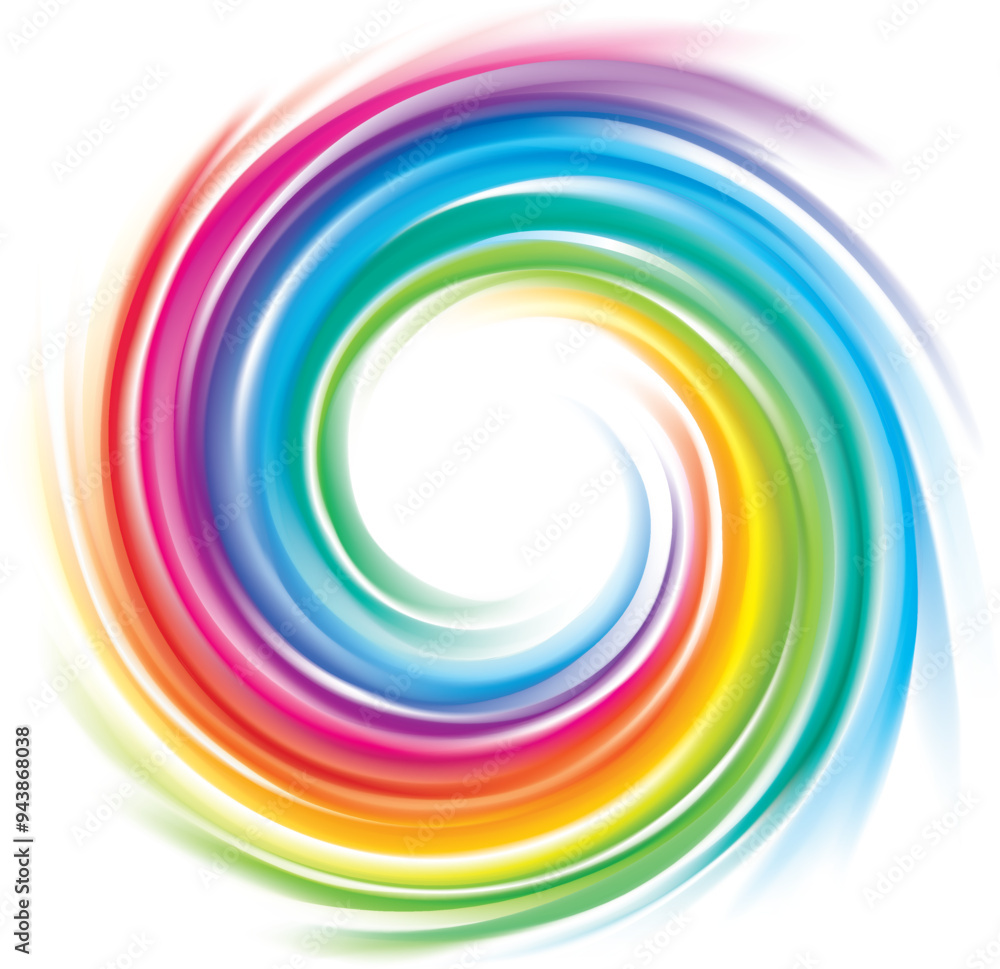 Creative eddy festival happy surface of vivid multi colored glossy curled spraying rippled ring. Yellow, green, blue, red, orange gamut stripes. Closeup view with space for text in glowing white cente