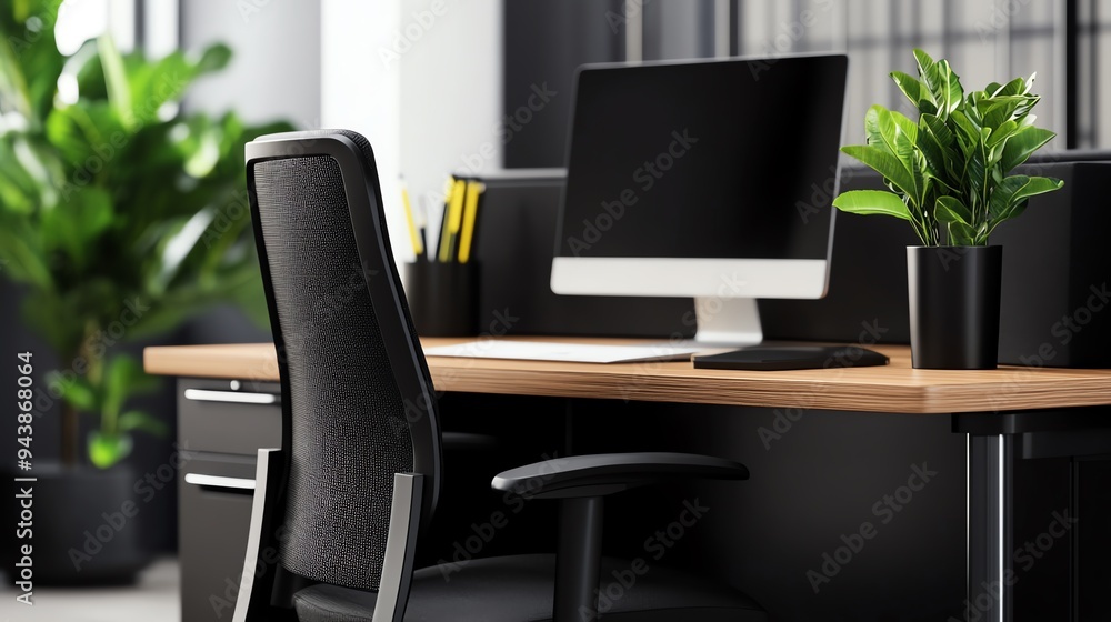 Modern office workspace featuring a sleek desk, computer, and decorative plants for a stylish and productive environment. Modern office workspace featuring a sleek desk, computer, and decorative plants for a stylish and productive environment.
