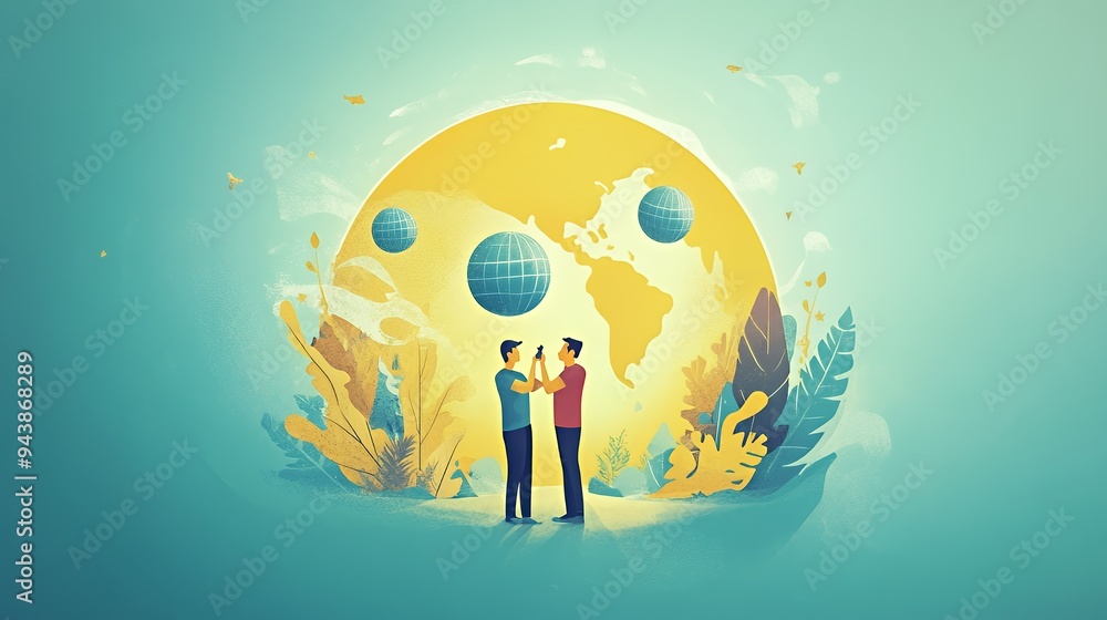 Two people interacting with a globe, symbolizing connection and global awareness. Two people interacting with a globe, symbolizing connection and global awareness.