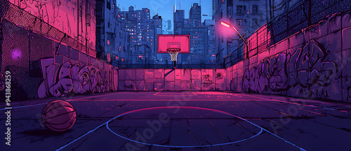 A vector illustration of an urban basketball court, dark asphalt, graffiti on the walls, a worn-out hoop, with a basketball hanging mid-air. Background features a cityscape with tall buildings, street photo