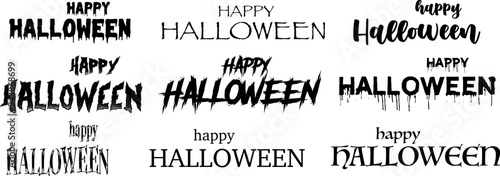 Set of "Happy Halloween" inscriptions in different creepy fonts on transparent background for your design. Creepy vector gothic fonts for Halloween. Vector EPS 10
