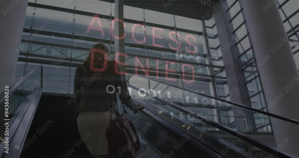 Access denied text animation over person on escalator in modern building Access denied text animation over person on escalator in modern building