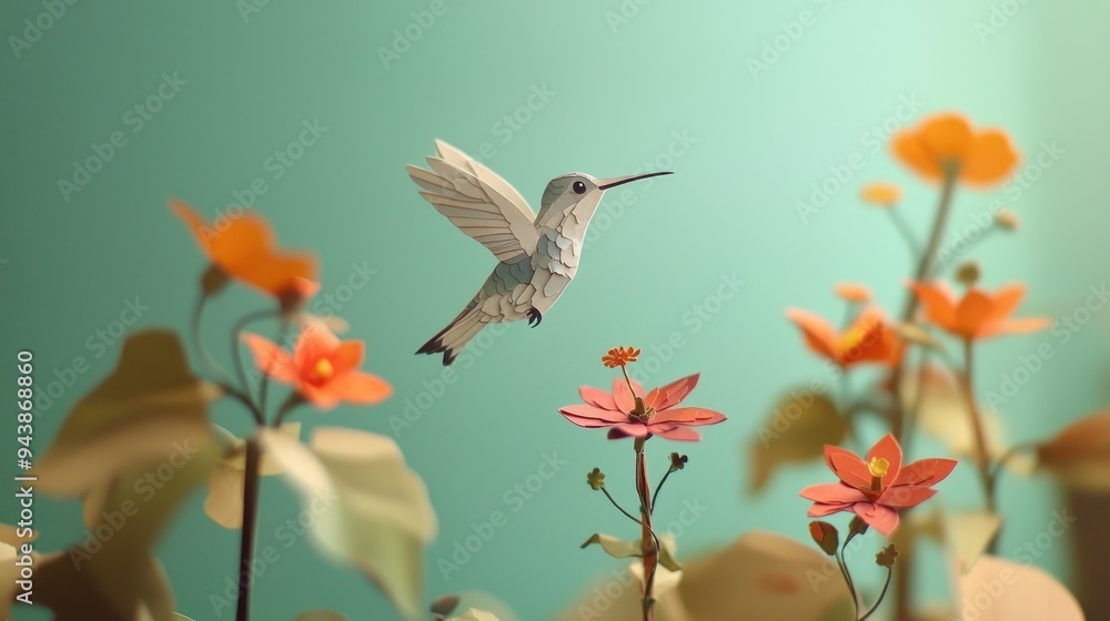 Obraz premium A Small Hummingbird Hovering Above a Tiny Flower in a Vibrant Garden Scene