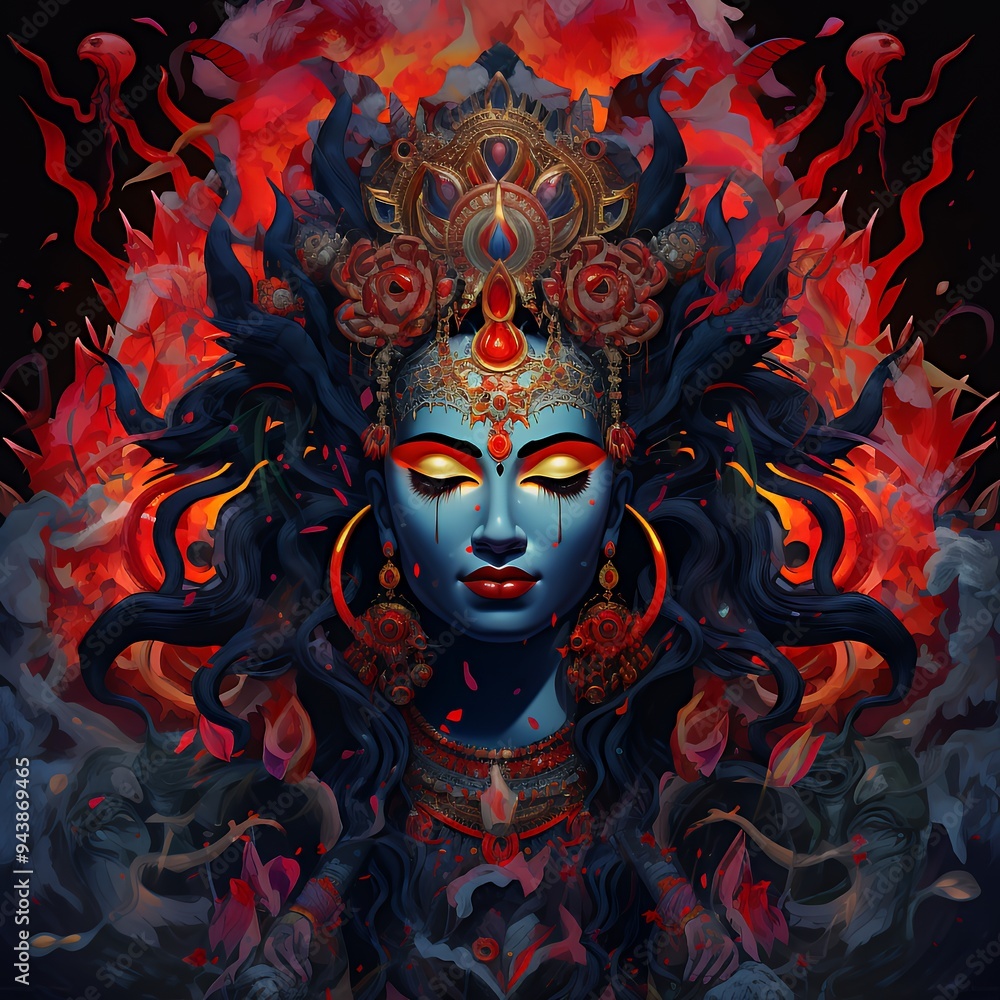 A vibrant depiction of a goddess with intricate details and fiery background elements. A vibrant depiction of a goddess with intricate details and fiery background elements.