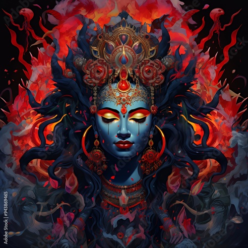 Wallpaper Mural A vibrant depiction of a goddess with intricate details and fiery background elements. Torontodigital.ca