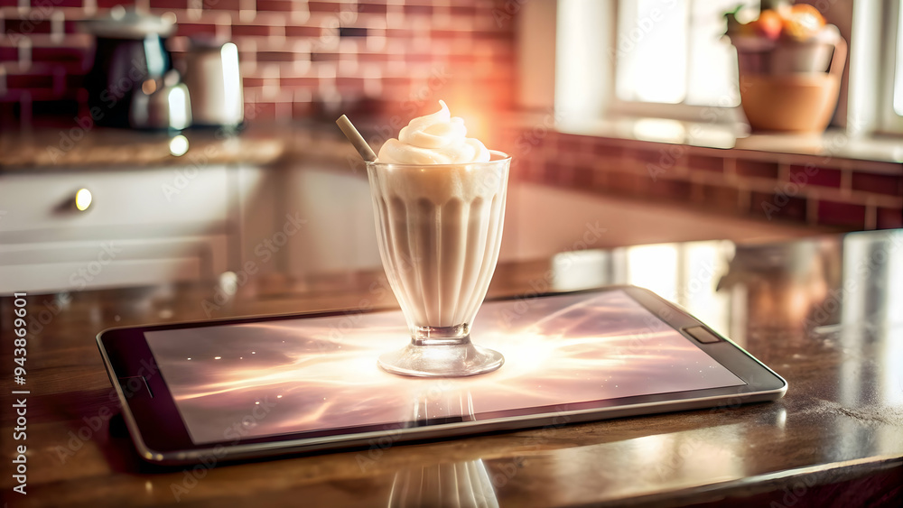 Tablet with holographic milkshake floating above isolated on white with copy space concept as A tablet lies on a white surface with a glowing holographic milkshake icon floating above it. The scene is Tablet with holographic milkshake floating above isolated on white with copy space concept as A tablet lies on a white surface with a glowing holographic milkshake icon floating above it. The scene is