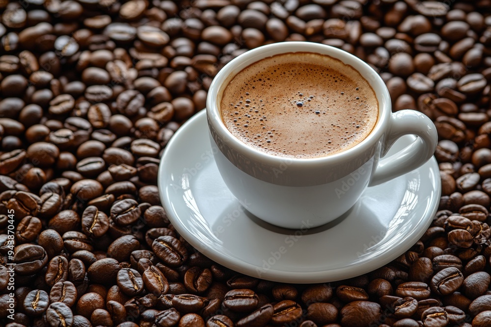 A cup of coffee with coffee beans A cup of coffee with coffee beans