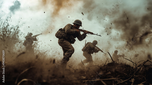 World war two Soldiers charging through battlefield during intense combat