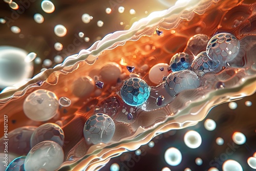 A close-up illustration depicting the molecular structure of moisturizer ingredients being absorbed into the outer layer of the skin cells.