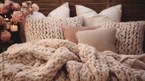 A photo of a cozy bed with a chunky knit blanket photo