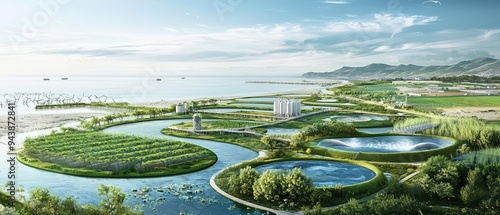 Aerial view of lush landscapes featuring waterways, sustainable agriculture, and serene natural beauty by the coast.