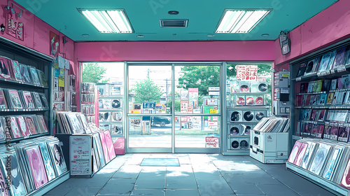 Japanese music store with open doors, filled with vinyl records and cds, basking in the sunlight