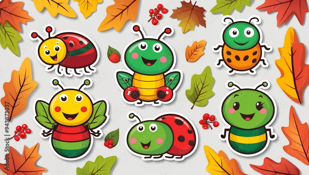 sticker set, different cute funny cartoon bugs sticker set, different cute funny cartoon bugs