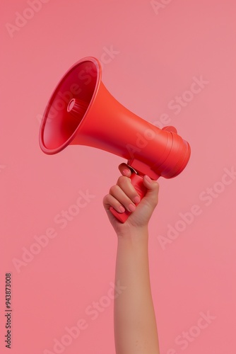 A hand holding a megaphone on a pink background 