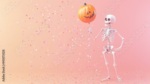 Playful Skeleton Holding Pumpkin Shaped Balloon on Pink Background