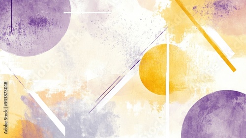 Watercolor illustration of hand drawn geometric shapes against a light background featuring a psychedelic retro design with overlapping frames and splashes in white yellow and purple lines