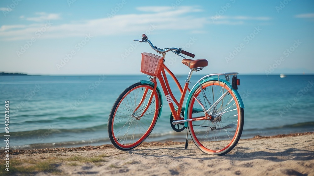 Fototapeta premium A photo of a colorful bicycle parked by a beach
