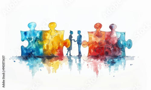 Two business professionals engage in meaningful conversation as vibrant jigsaw puzzle pieces symbolize their cooperation in finding solutions to complex problems