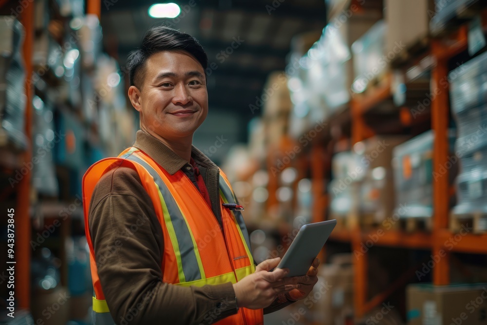A man in a safety vest is smiling and holding a tablet A man in a safety vest is smiling and holding a tablet