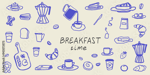 Hand draw la dolce vita breakfast doodles. Vector illustration of food and coffee icons in chalk, crayon drawing style. Minimalist line art. Illustration for invitations, menus design, social media.