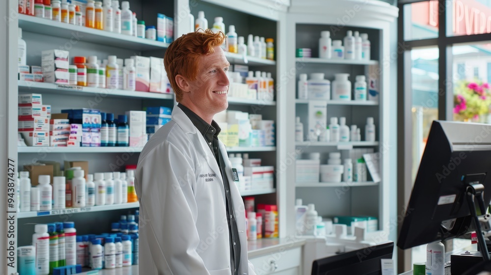 The cheerful pharmacist in store The cheerful pharmacist in store