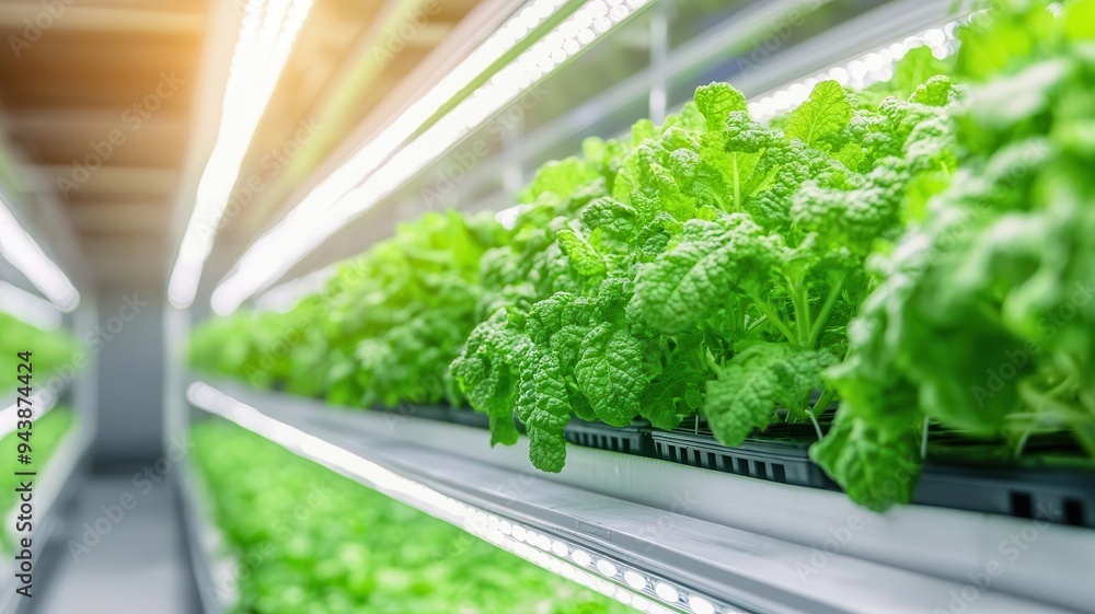 Vertical hydroponic farm with LED lighting in futuristic greenhouse, hydroponic farming, sustainable agriculture Vertical hydroponic farm with LED lighting in futuristic greenhouse, hydroponic farming, sustainable agriculture