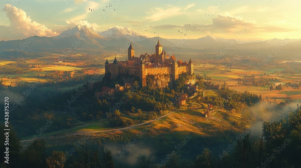 A stunning high-angle shot of a medieval castle perched on a hilltop, overlooking a patchwork of fields and forests, with mountains in the distance A stunning high-angle shot of a medieval castle perched on a hilltop, overlooking a patchwork of fields and forests, with mountains in the distance