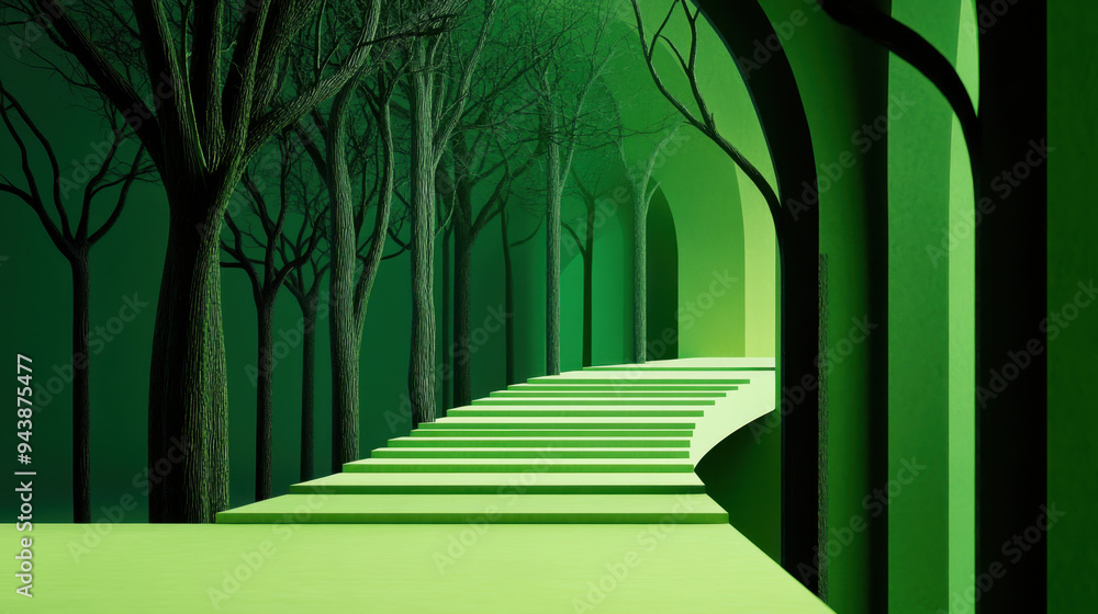 Obraz premium Surreal green landscape featuring abstract trees and a winding staircase leading through arched pathways in an enchanting setting