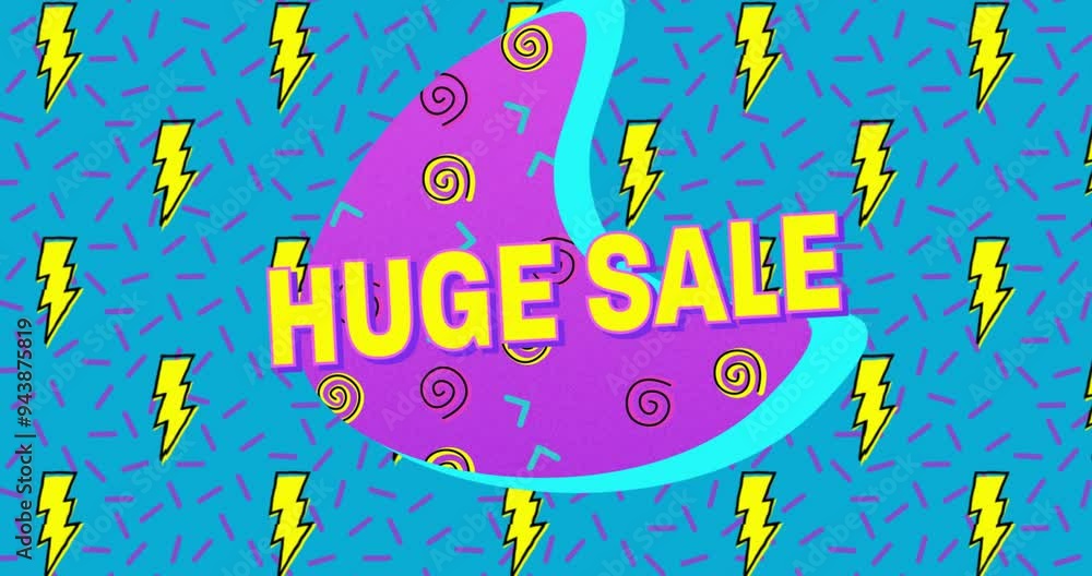 Huge Sale text animation over colorful background with lightning bolts and swirls Huge Sale text animation over colorful background with lightning bolts and swirls