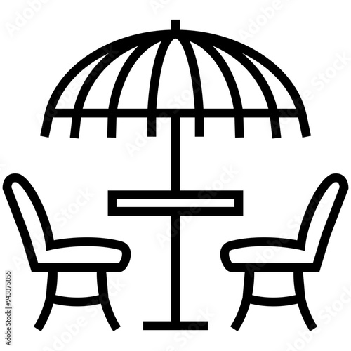 Outside caffe illustration, caffe table with chair and umbrella line art illustration.