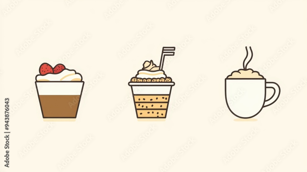 Explore a set of simple line icons representing breakfast items like coffee and sweet desserts in a warm, inviting style Explore a set of simple line icons representing breakfast items like coffee and sweet desserts in a warm, inviting style