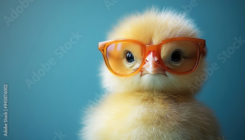 Adorable fluffy yellow chick wearing orange sunglasses, standing confidently against a vibrant blue background