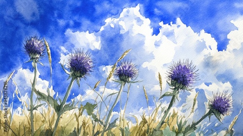 Watercolor illustration of thistles Teasel Dipsacus set against a vivid deep blue sky with crisp white clouds