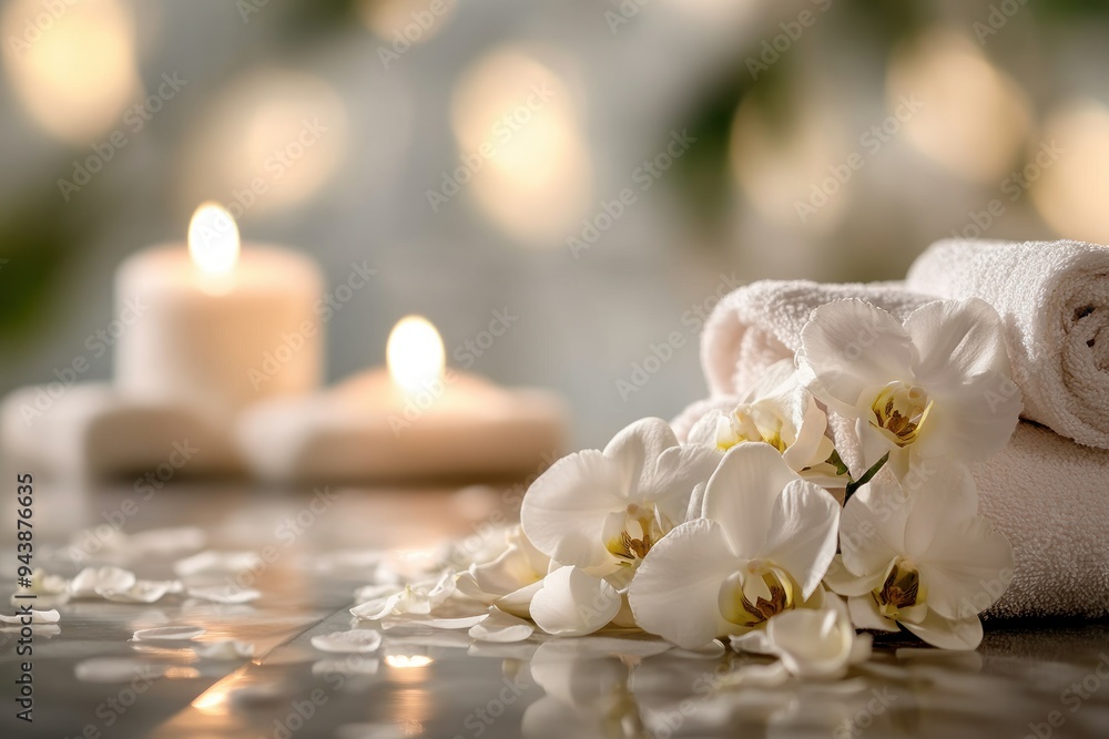White Orchids and Towels with Candles in Soft Focus White Orchids and Towels with Candles in Soft Focus