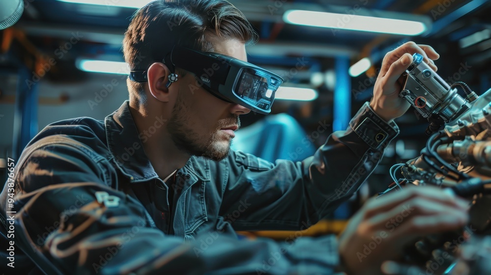 Engineer using augmented reality headset to work on an industrial machine in a high-tech workshop, focusing on precision and innovation. Engineer using augmented reality headset to work on an industrial machine in a high-tech workshop, focusing on precision and innovation.