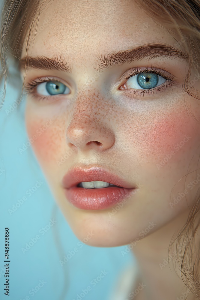 Closeup of a young woman with light makeup, natural lighting, clear blue eyes, soft expression, pale blue background Closeup of a young woman with light makeup, natural lighting, clear blue eyes, soft expression, pale blue background