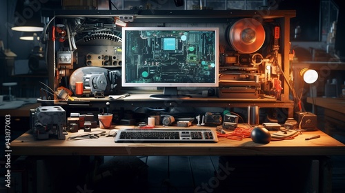 A photo of a computer repair bench with various