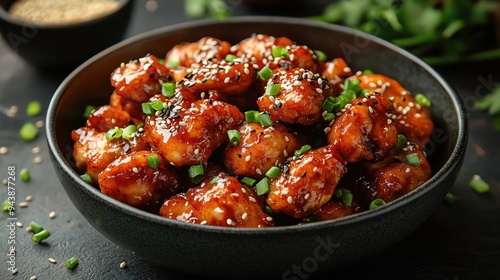 Delicious Korean fried chicken glazed with sticky sauce, garnished with sesame seeds and green onions